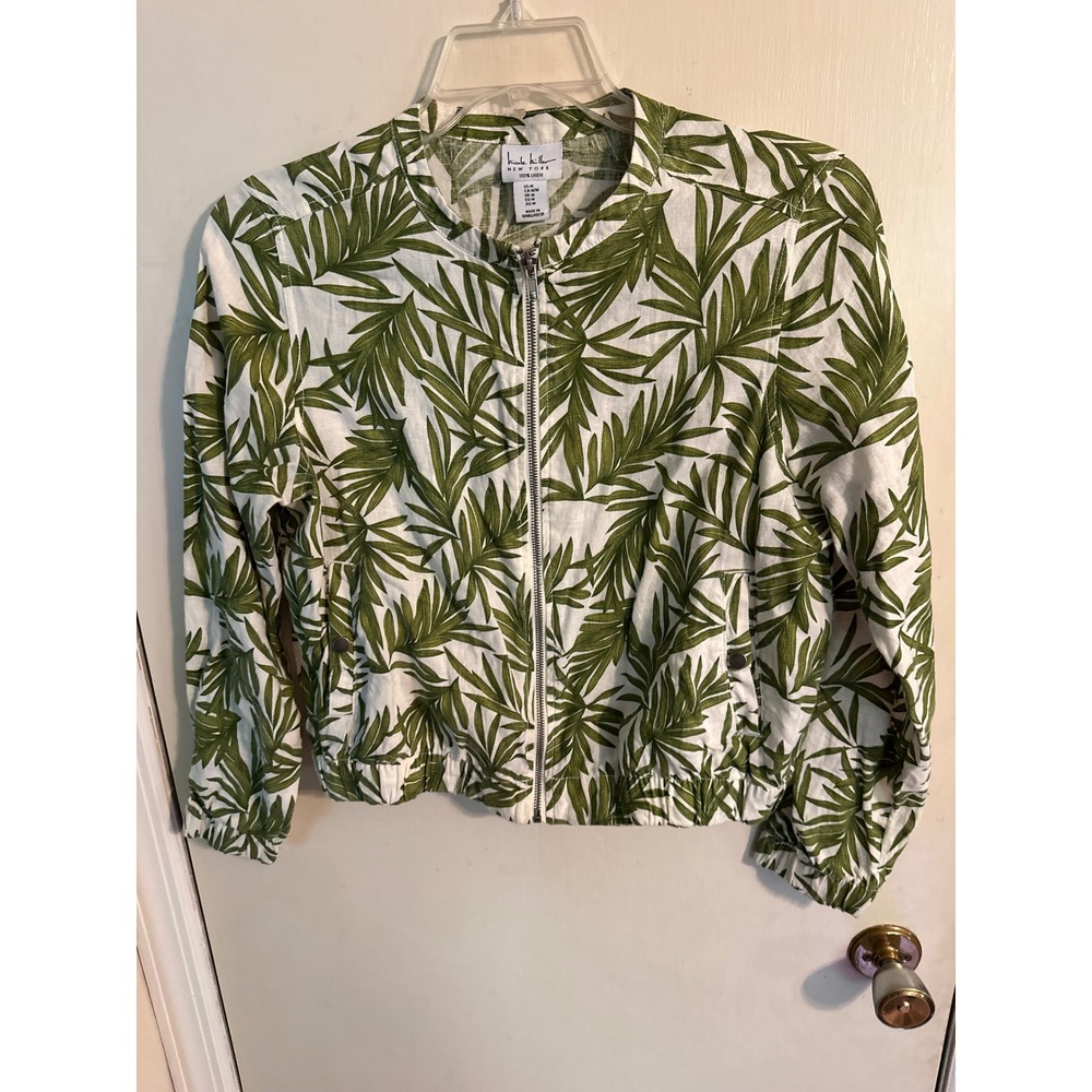 Nicole Miller New York 100% Linen Tropical Palm Leaf Bomber Jacket Green White M